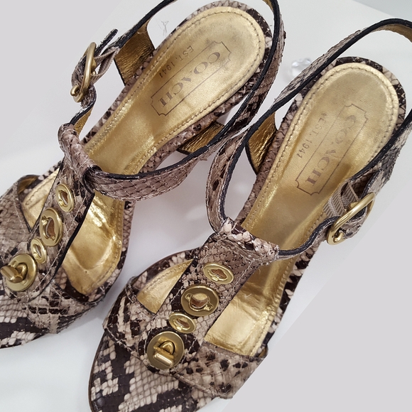 Coach💋Lalo Python T-Strap Open Toe Block Heel Sandals with Gold Accents - Picture 5 of 12